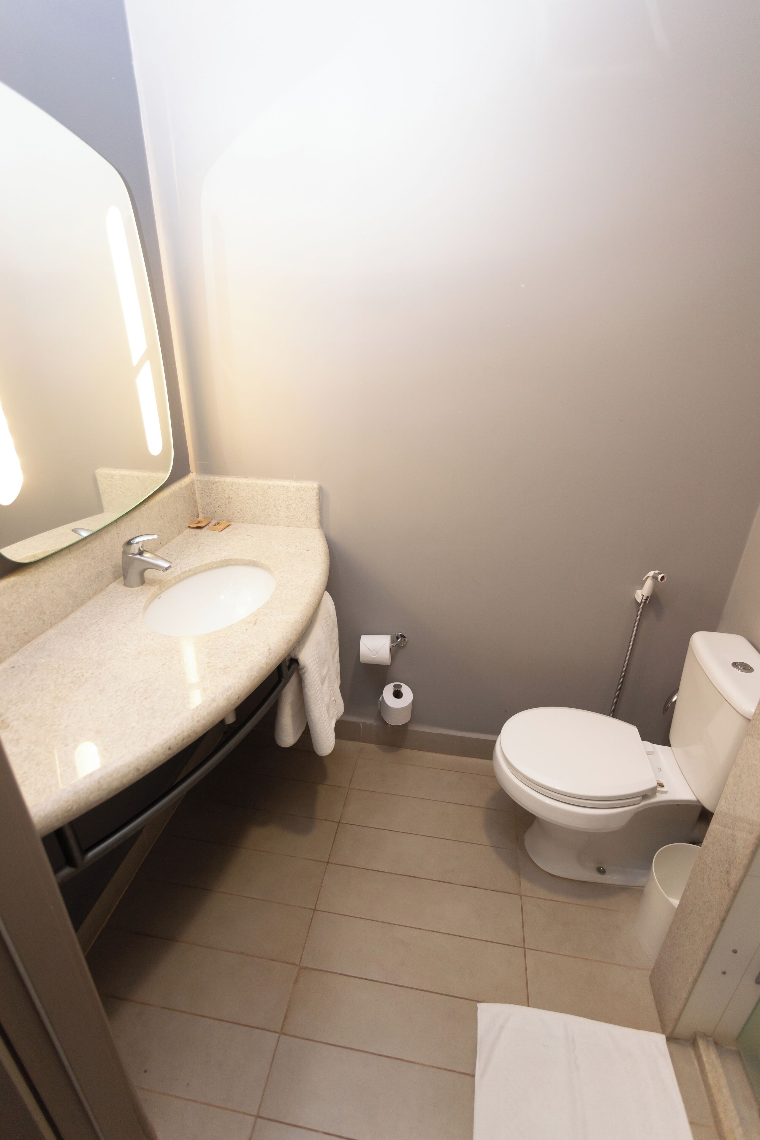 Un baño con lavamanos, inodoro y espejo.