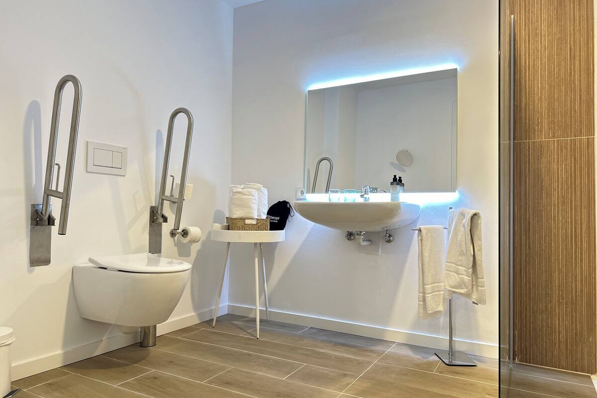 standard double room, accessible | bathroom | shower, free toiletries, hair dryer, towels