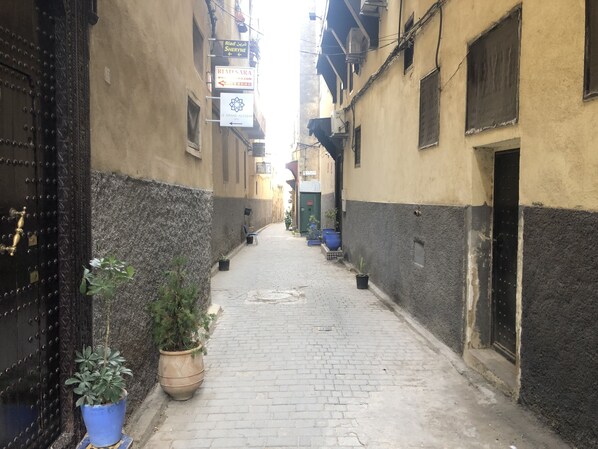 A narrow alleyway with a cobblestone path, flanked by buildings with traditional architecture, including a black ornate door and potted plants. - Le Grand Alcazar (Fes)