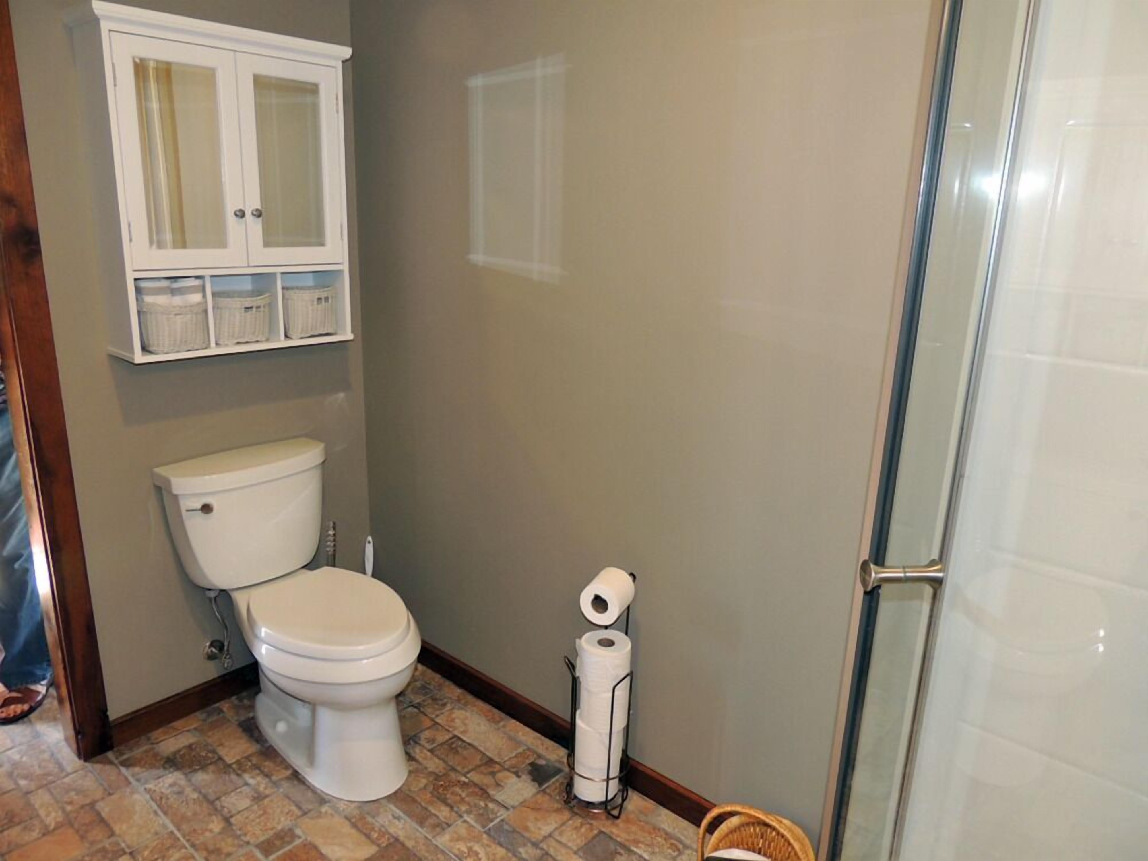 A bathroom with a toilet, a cabinet above it, and a shower area.