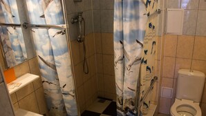 A bathroom with a shower curtain featuring a bird print, a toilet, and a sink. - U Svetlany (Cheboksary)