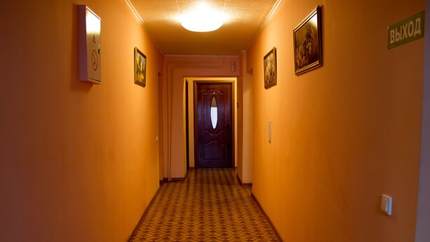 A hallway with patterned carpet, framed pictures on the walls, and a door at the end. - U Svetlany (Cheboksary)