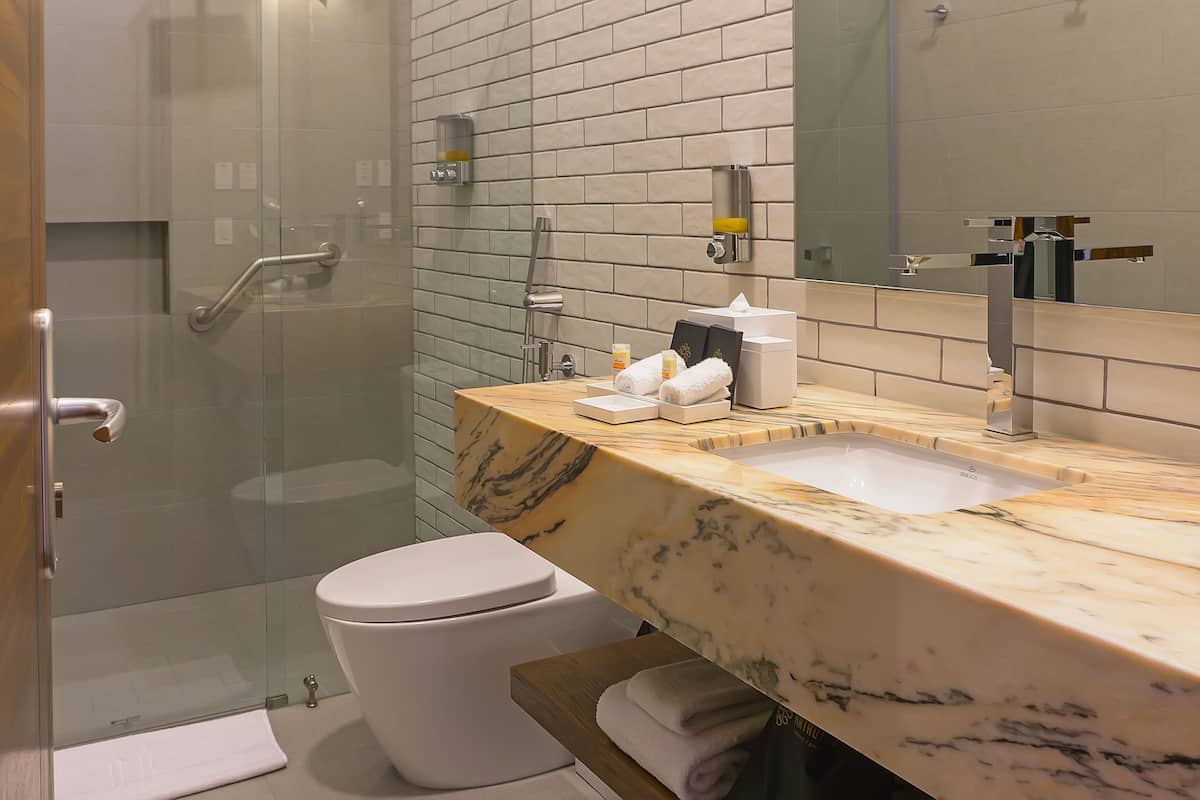 deluxe room, 1 queen bed, non smoking | bathroom | combined shower/bathtub, free toiletries, bathrobes, slippers