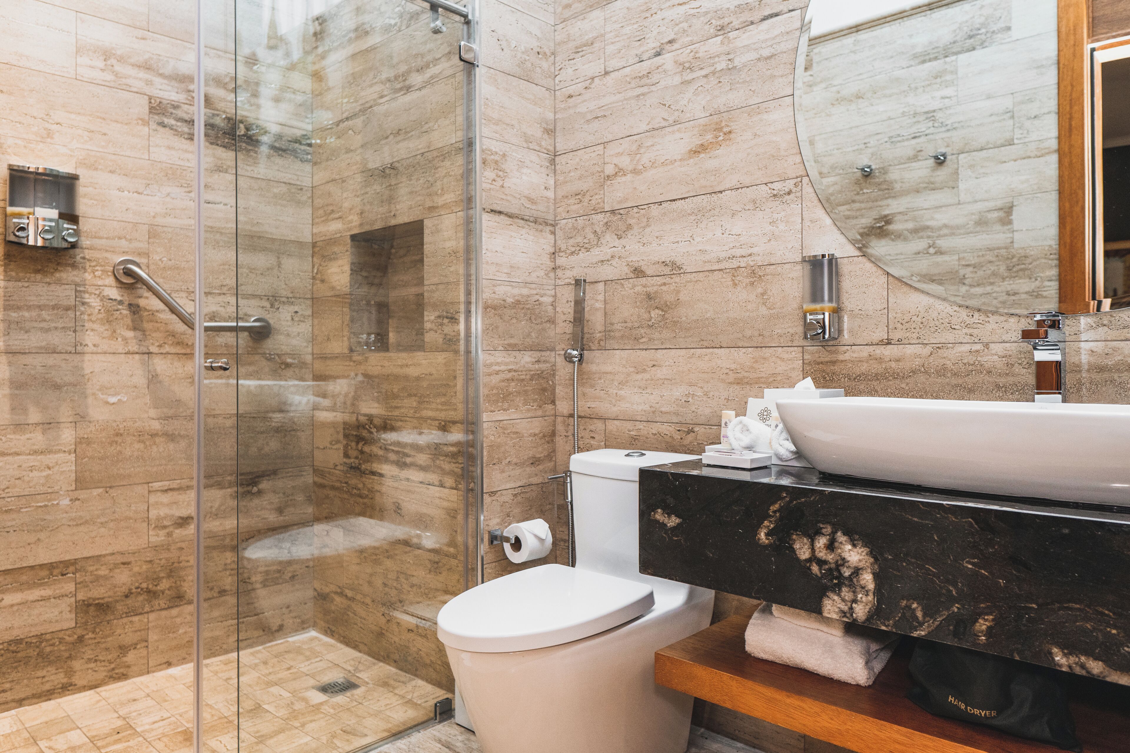 free toiletries, hair dryer, bathrobes, slippers