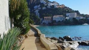 A coastal walkway with a concrete path, a palm tree, and a view of a hillside with buildings. - Beautiful T2 renovated, with bikes, on the water, beach on foot, full center. (Empuriabrava)