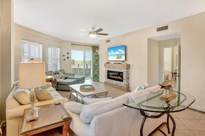 Smart TV, fireplace, DVD player, books