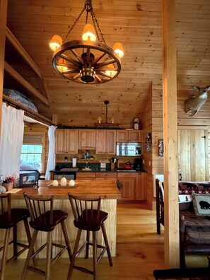 Ein rustikales Cabin-Interieur mit Holzbalkendecke, einer zentralen Kochinsel mit Barhocker, einer Küchenzeile inklusive Mikrowelle und einem aufgehängten Tierkopf.
