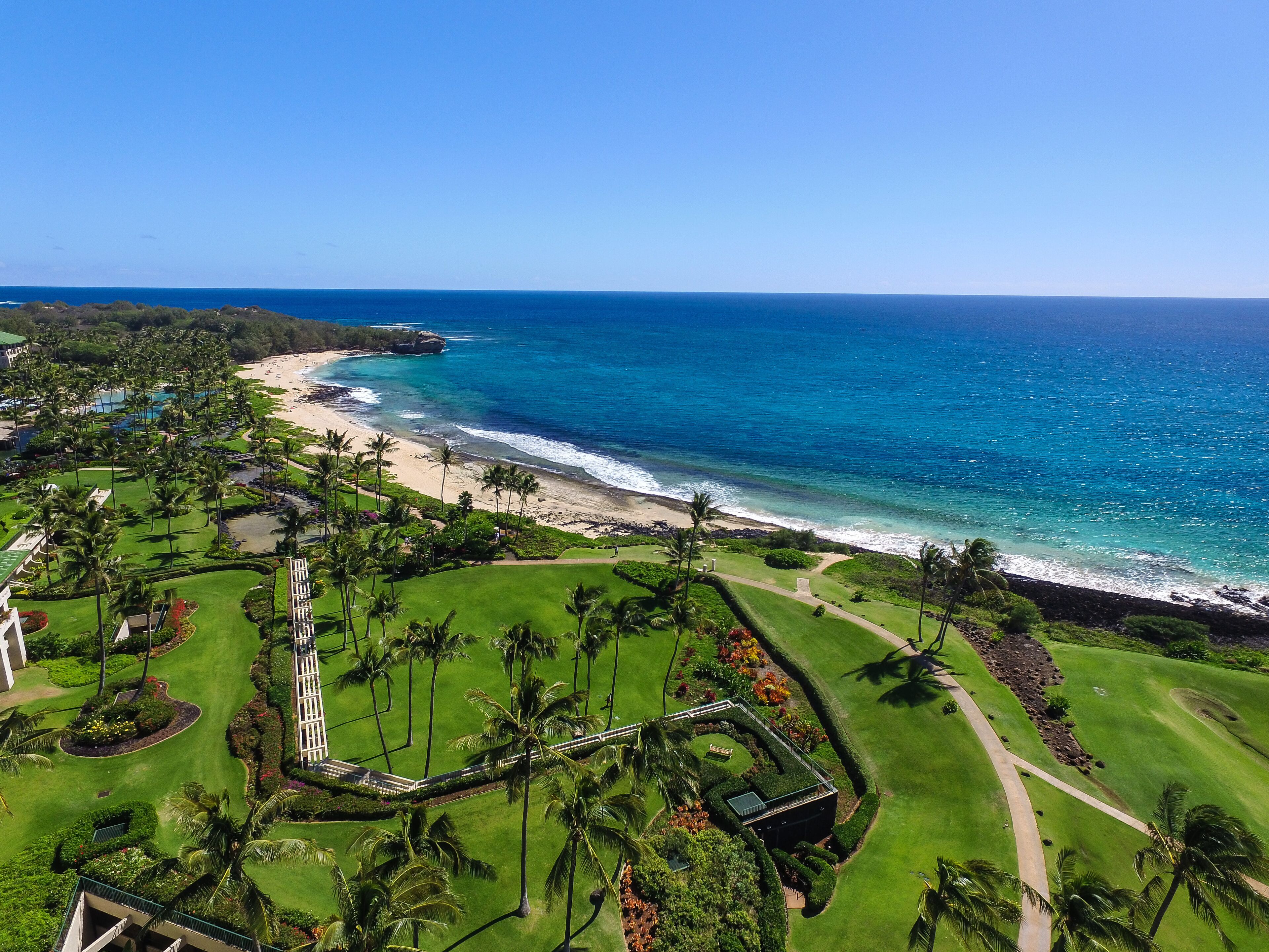 Resort com campo de golfe, praia e palmeiras.