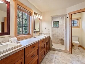 Hair dryer, towels, soap, shampoo
