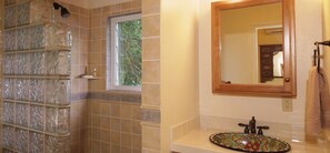 Douche, sèche-cheveux, serviettes fournies, savon