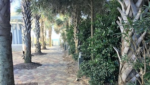 Un chemin pavé, bordé d’arbres et d’arbustes, mène à un bâtiment à la façade blanche.