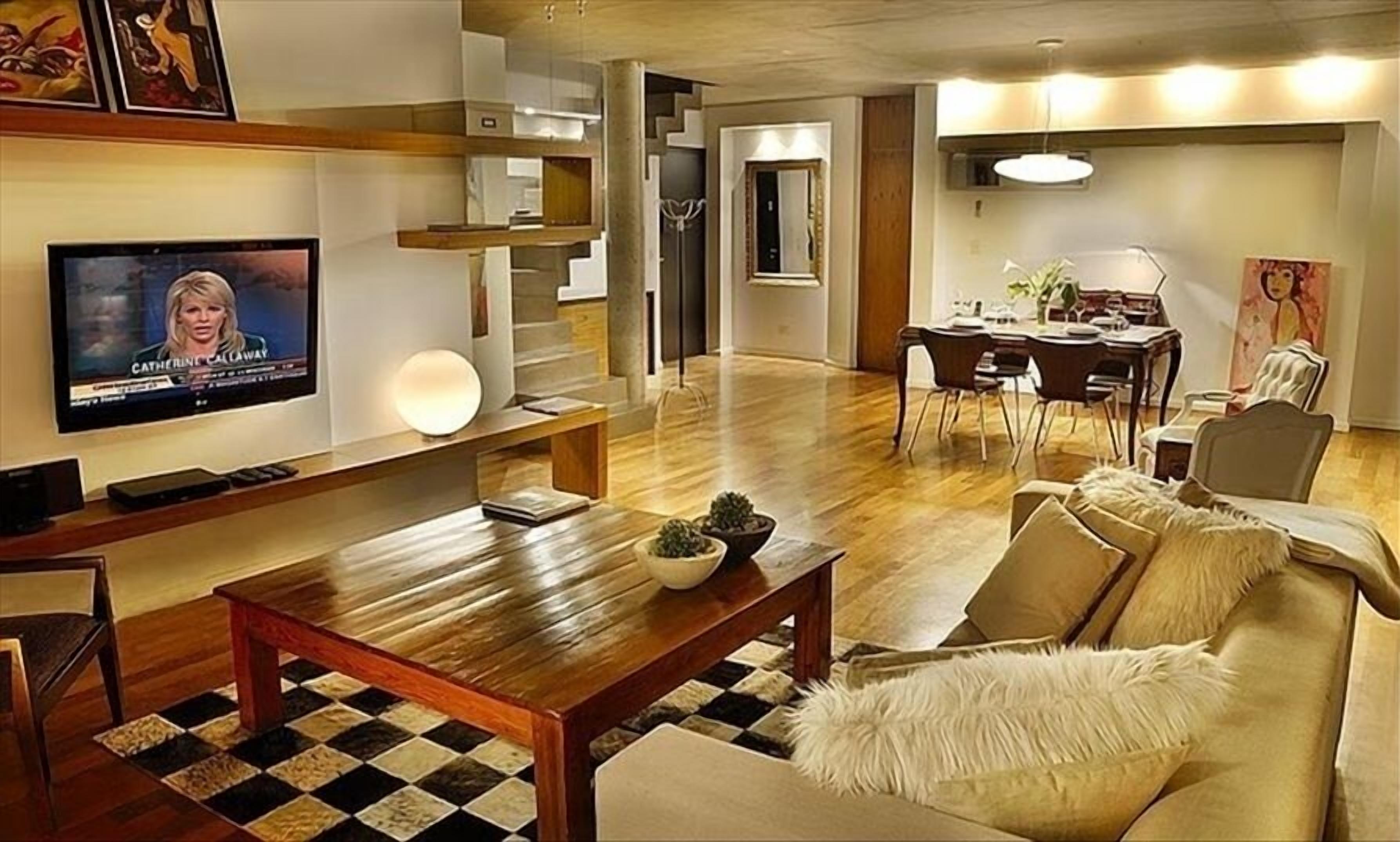 Smart TV, chimenea, reproductor de DVD, libros
