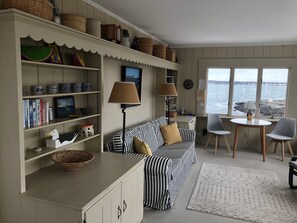 Smart-TV, peis, DVD-spiller og bøker