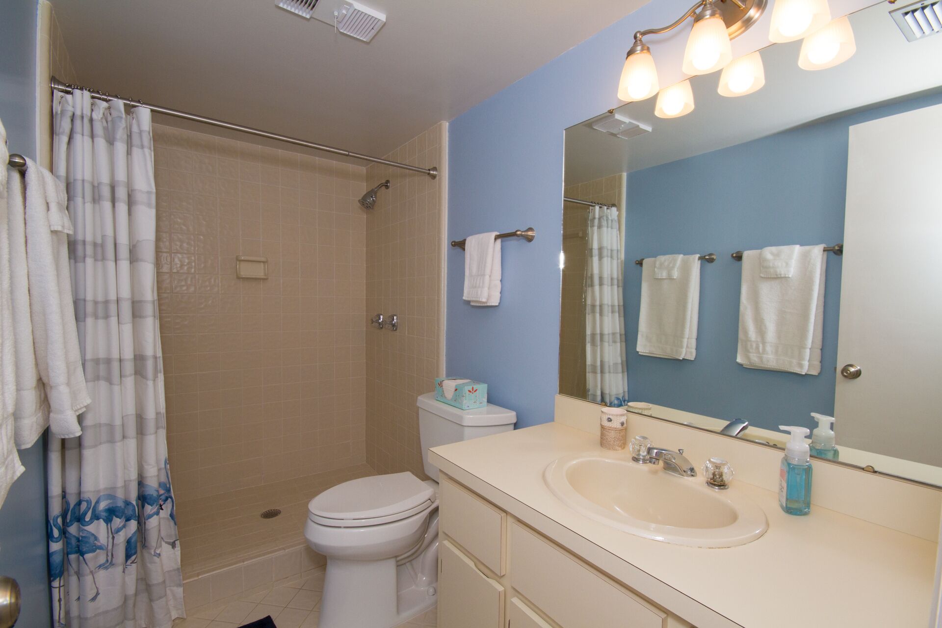 A bathroom with a shower, toilet, sink, and a large mirror.