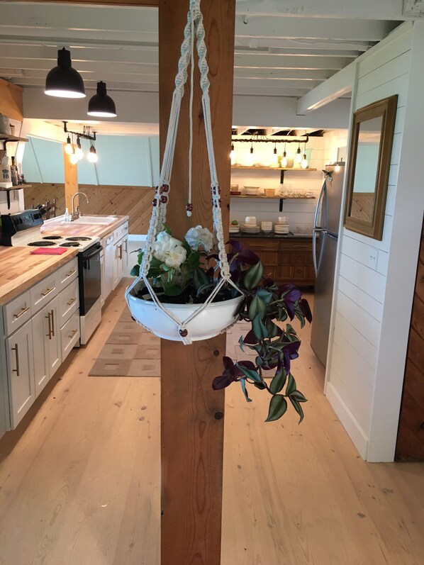 A kitchen with wooden cabinets, a hanging macrame plant, and a large mirror on the wall.