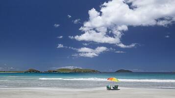 Plage à proximité, chaises longues, serviettes de plage