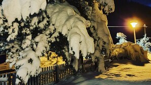 Eine verschneite Landschaft in der Nacht mit einem Zaun und einer Straßenlaterne.