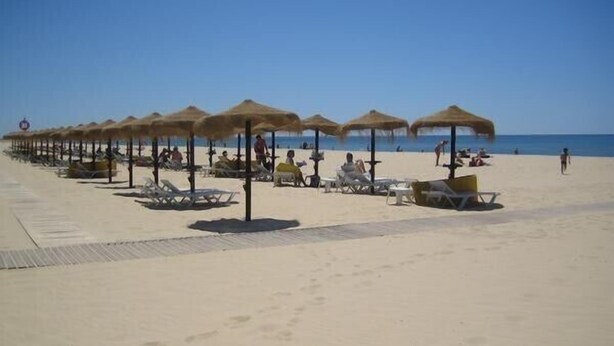 Une plage bordée de rangées de chaises longues et d’ombrelles en chaume.