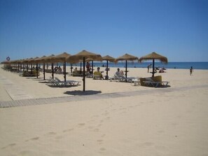 A beach with rows of sun loungers and thatched umbrellas.