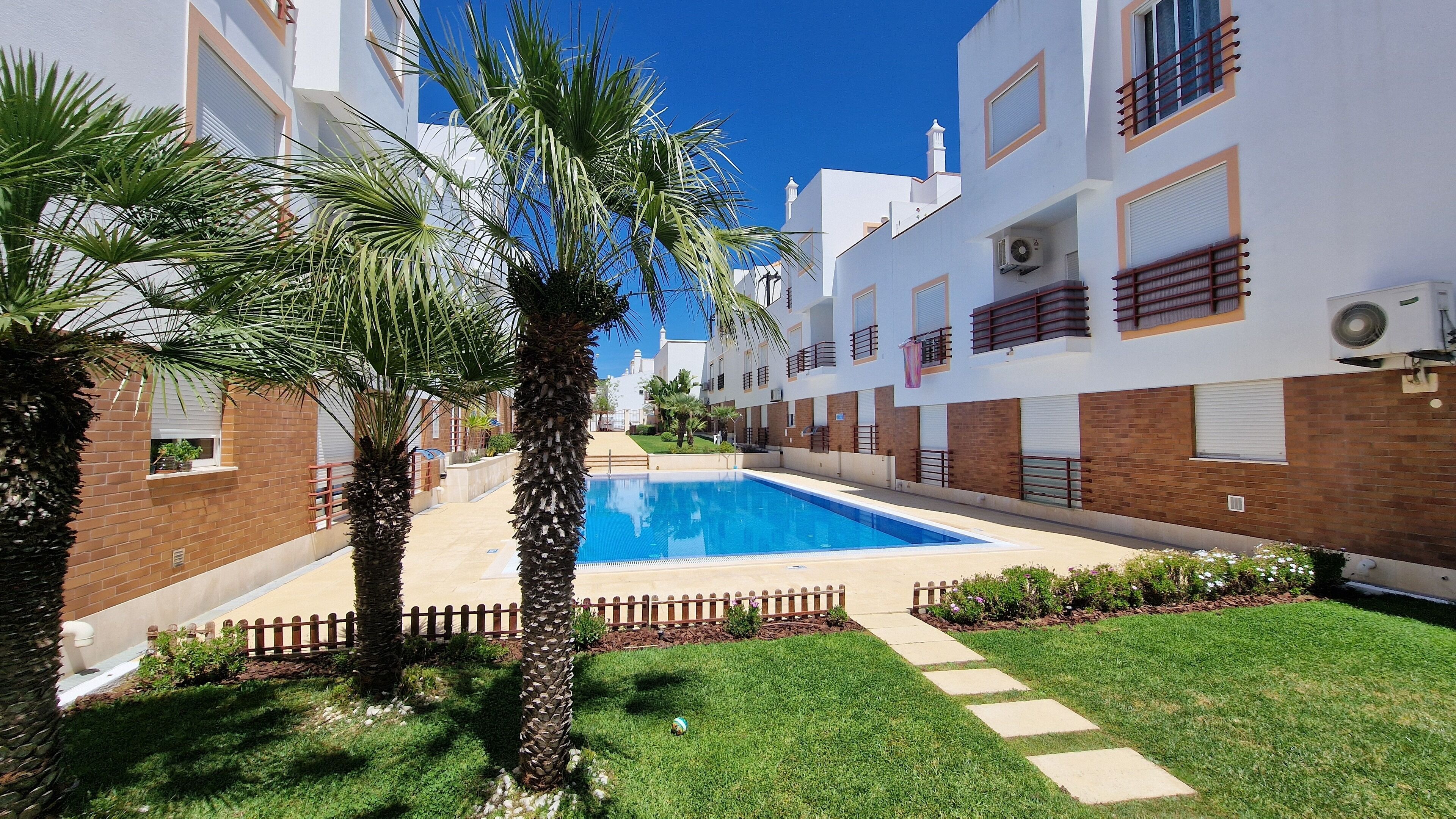 A swimming pool surrounded by palm trees and a brick wall, with a clear blue sky above.