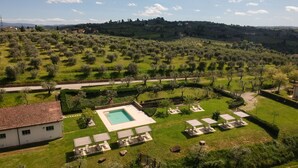 A pool area with lounge chairs, a building, and olive trees in the background. - Brunelleschi Apartment (Impruneta)