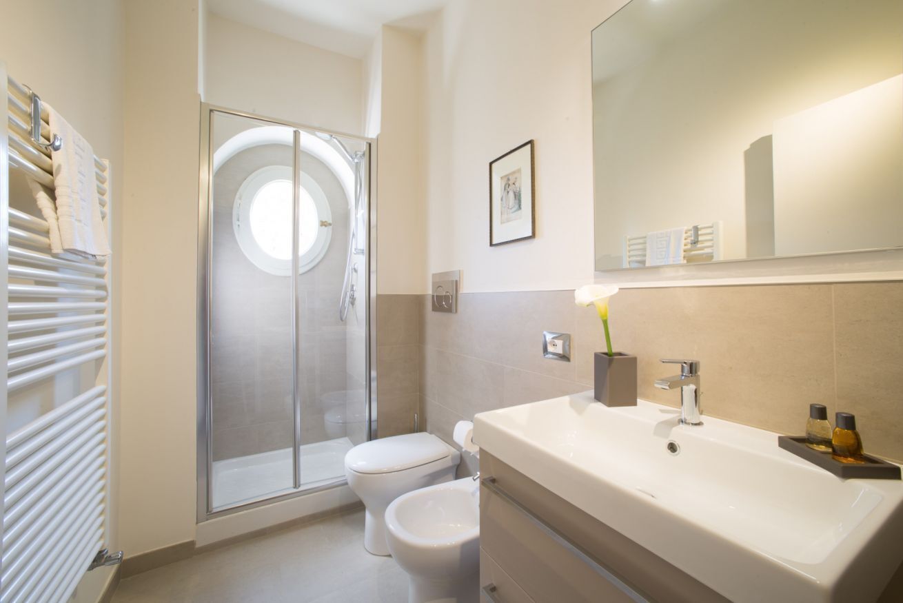 Shower, hair dryer, bidet, towels