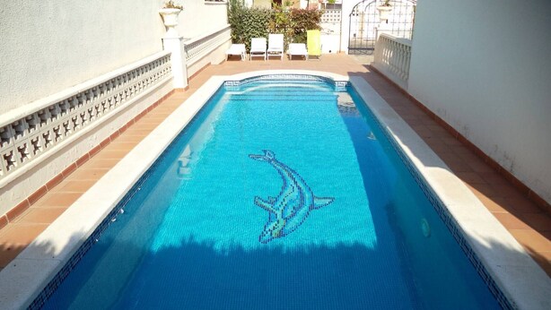 Una piscina rectangular con un diseño de mosaico de delfín, rodeada por un muro blanco con un borde decorativo y un área de patio con baldosas.