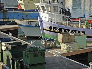 Moored alongside a container, this boat offers a tranquil waterfront setting.