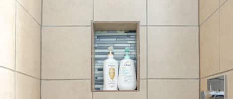 Shower, hair dryer, towels, soap