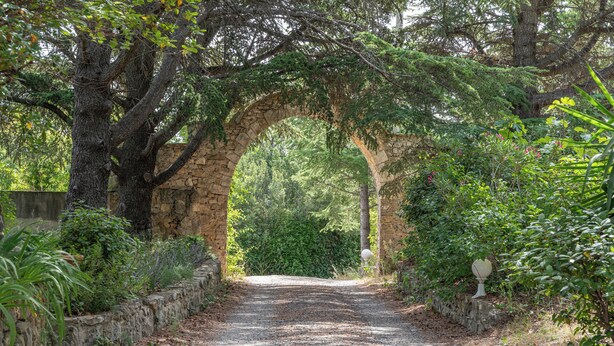 Un arc en pierre qui marque l’entrée d’un sentier de jardin bordé de verdure.