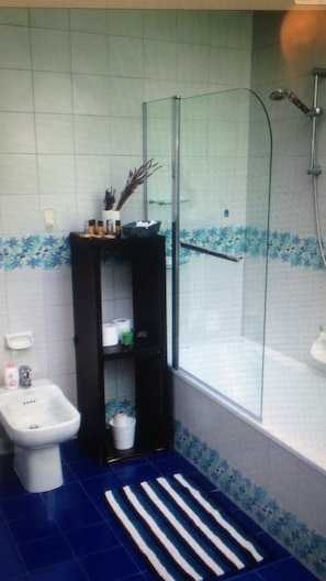 Combined shower/bathtub, hair dryer, bidet, towels