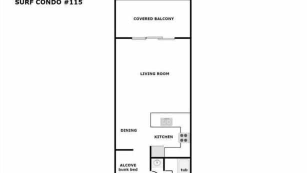 Plan d’étage d’un appartement de style « surf condo » comprenant un balcon couvert, un salon, un coin repas, une cuisine, un espace aménagé avec un lit superposé, une entrée et une chambre avec un grand lit.