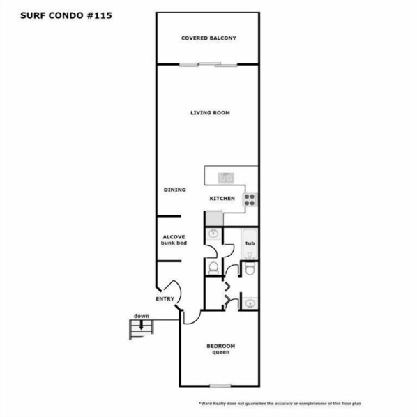 A floor plan of a surf condo with a covered balcony, living room, dining area, kitchen, alcove with bunk bed, entry, and a bedroom queen.