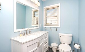 Bathroom features a white vanity with a large mirror and a toilet with a convenient roll holder.