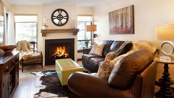 TV connectée, cheminée, lecteur de DVD, livres