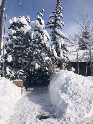 A snow-covered pathway leading to a building with a gate.