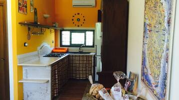 Fridge, microwave, stovetop, high chair