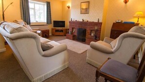 Een woonkamer met twee beige fauteuils, een televisie, een open haard en een raam met gordijnen.