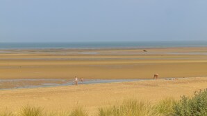 Een uitgestrekt zandstrand met een heldere lucht.