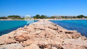 A rocky pier leading to a beach with clear blue water, palm trees, and buildings in the background. - Apartment in Family Complex 50m beach · UHC MAR AUGUSTA 212 (Cambrils)