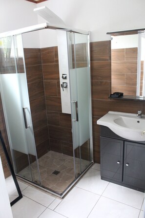 Douche, sèche-cheveux, serviettes fournies, papier toilette