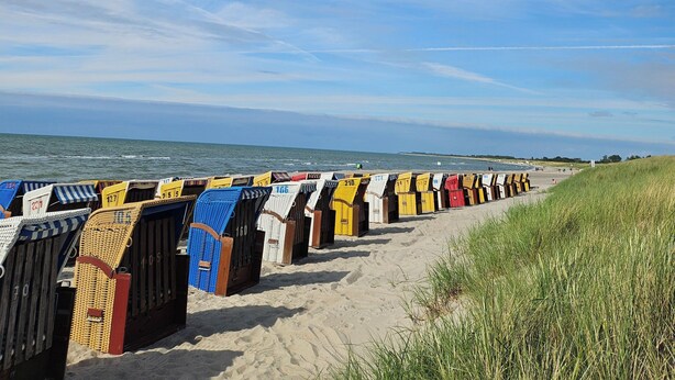 Eine Reihe von Strandhäusern mit Nummern, ein Sandstrand und im Hintergrund der Ozean.