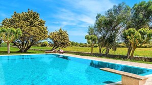 Una piscina cristallina circondata da alberi e un muro di pietra.