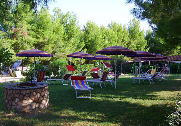 A patio area with outdoor seating, including chairs and umbrellas, surrounded by trees.