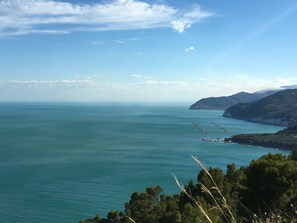 Paisaje costero con vista al mar y montañas distantes.