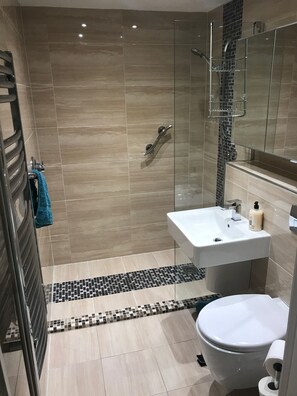 Dusche, Haartrockner, Handtücher, Toilettenpapier