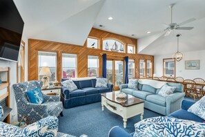 TV, DVD player, foosball, video library