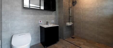 Un baño con inodoro, lavamanos y ducha.