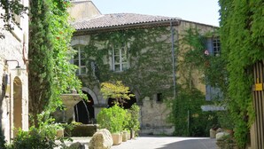 A narrow street with stone buildings, a fountain, and greenery. - T2 ground floor in Provencal Bastide with swimming pool, heart of the Luberon (Castellet)
