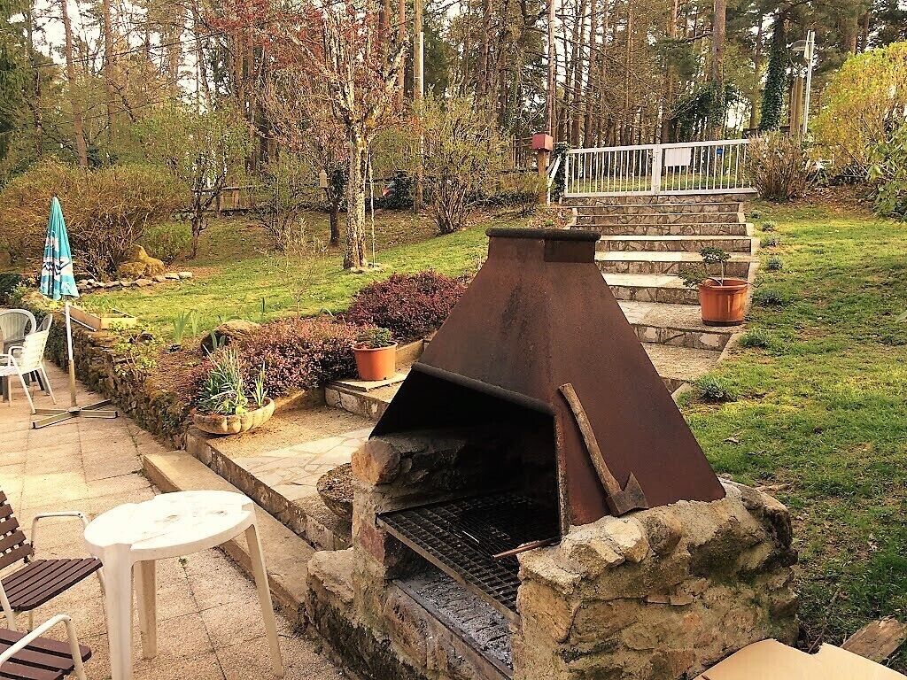 An outdoor grill area with stone steps leading up to it, surrounded by potted plants and a grassy lawn.